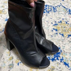 Peep toe booties black faux leather
